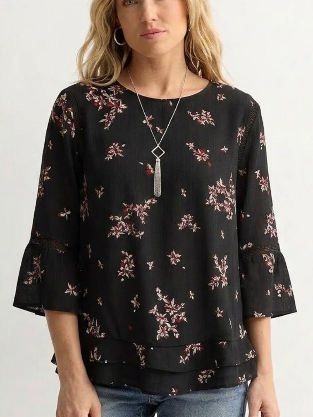 Apt. 9 Black Floral Ruffle-Hem Blouse